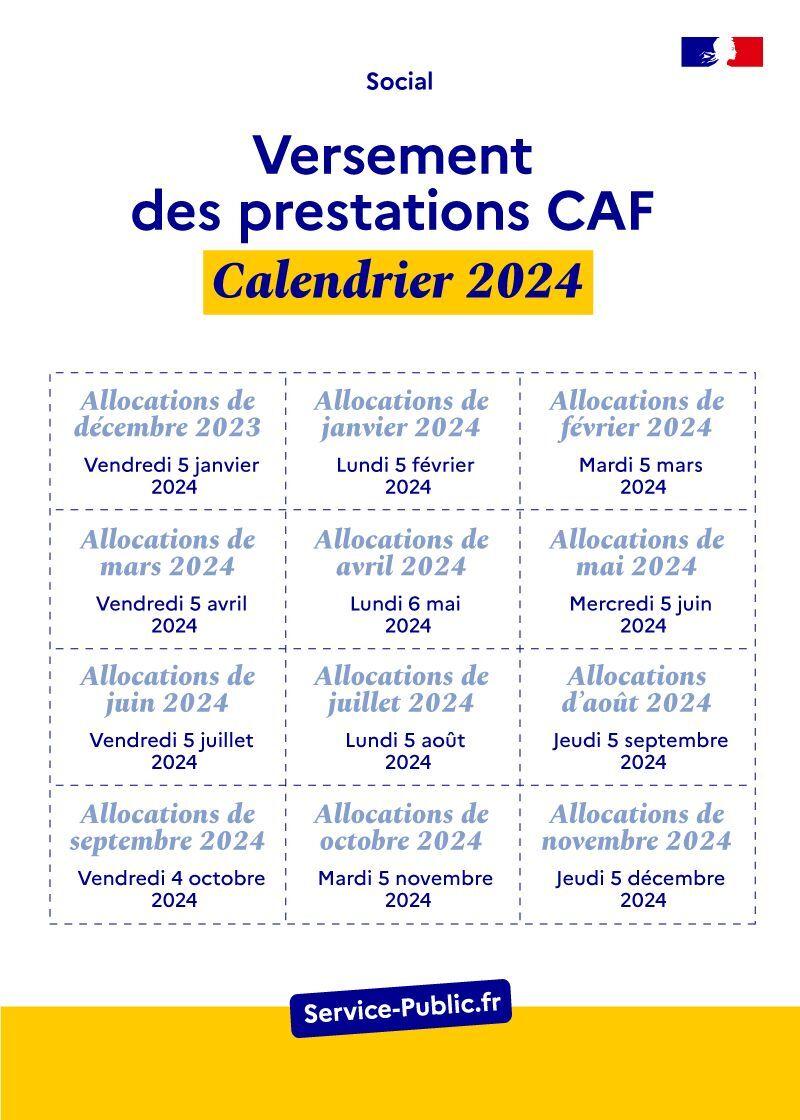 Prestations sociales -Caf : le calendrier 2024 des versements des  prestations
